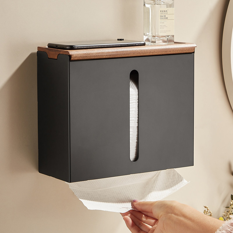 实木卫生间手纸盒壁挂式免打孔厕纸抽纸盒厕所洗手间收纳架纸巾架