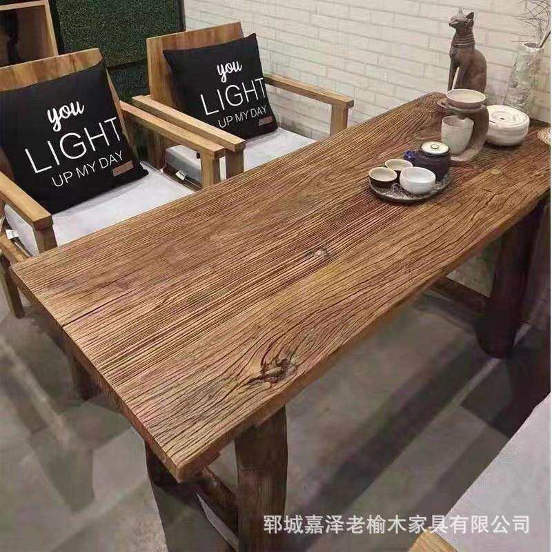 老榆木门板茶餐桌原木茶桌吧台民宿风桌子新中式风化板实木厂家