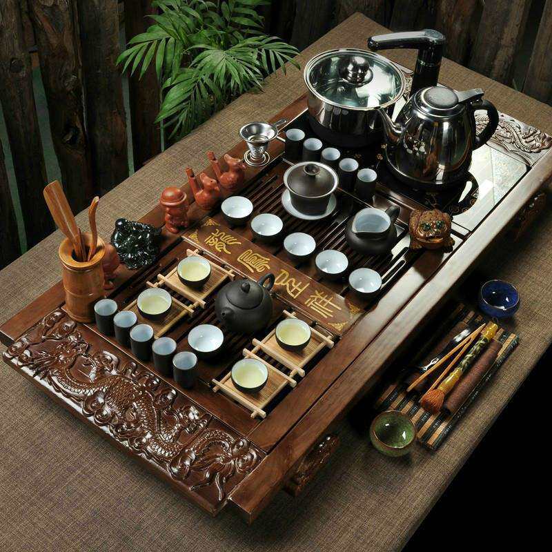 厂家紫砂茶具套装四合一整套冰裂电磁炉实木花梨茶盘茶海茶台