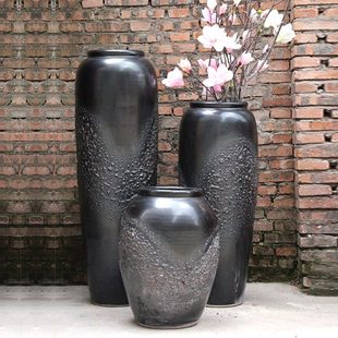 酒店黑色禅意复古泡泡釉1.2米陶瓷落地大花瓶子软装饰品陶罐摆件
