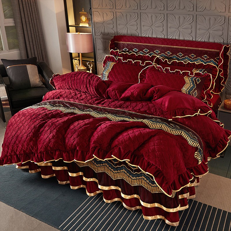 全套夹棉加厚床裙款n四件套水晶绒保暖牛奶珊瑚绒双面加绒被套冬