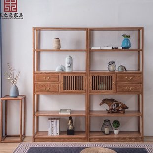 新中式博古架多宝格子白蜡木博古柜书架黑胡桃木色禅意古董展示架