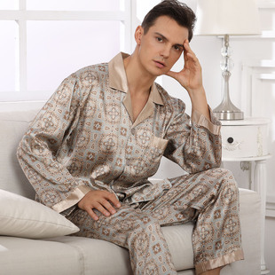 薄款 东北熊男士 领印花家居服套装 衬衫 条纹仿真丝睡衣春秋长袖