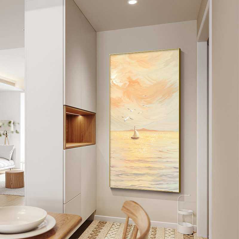 北欧入户玄关装饰画壁画肌理现代简约海景风景竖版走廊过道挂画