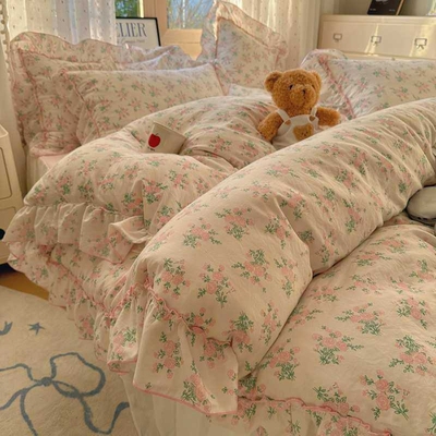 法式花边床上用品四件套水洗棉四季通用被套罩床裙床笠床单三件套