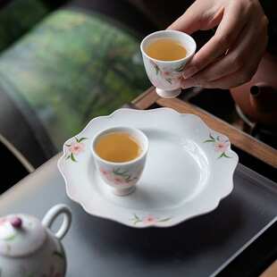 明泉茶斋陶瓷手绘桃花壶承盖碗底托家用果盘小型茶台茶承养壶盘