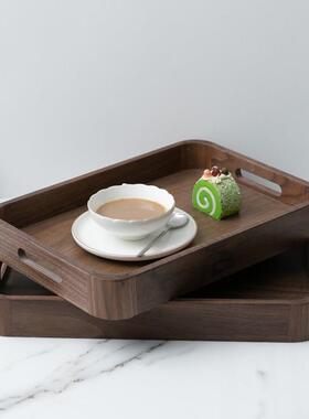 胡桃木托盘茶盘榫卯结圆角构黑带提手木PYV质茶水简新中式约风实