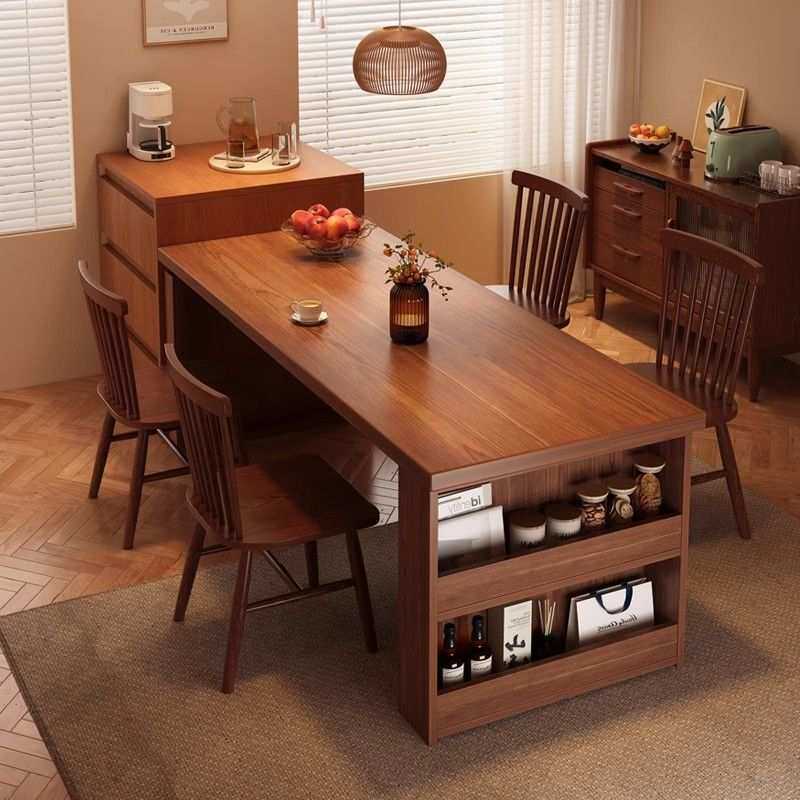 实木餐桌一桌四椅组合家用小户型出租房大板伸缩桌边一体储物饭桌