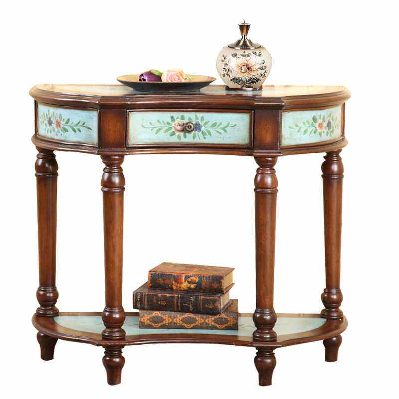 至高美式乡村门厅玄关桌复古彩绘田园装饰柜蓝色半圆桌走廊桌