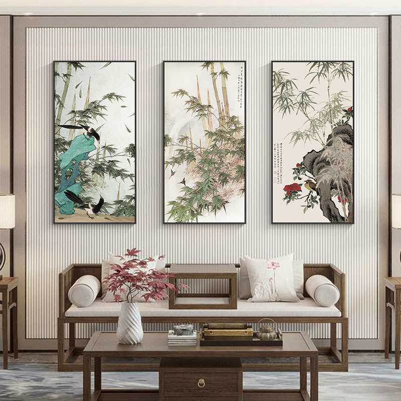 竹奏清音新中式玄关装饰画竖版过道挂画竹子风水竹报平安壁画