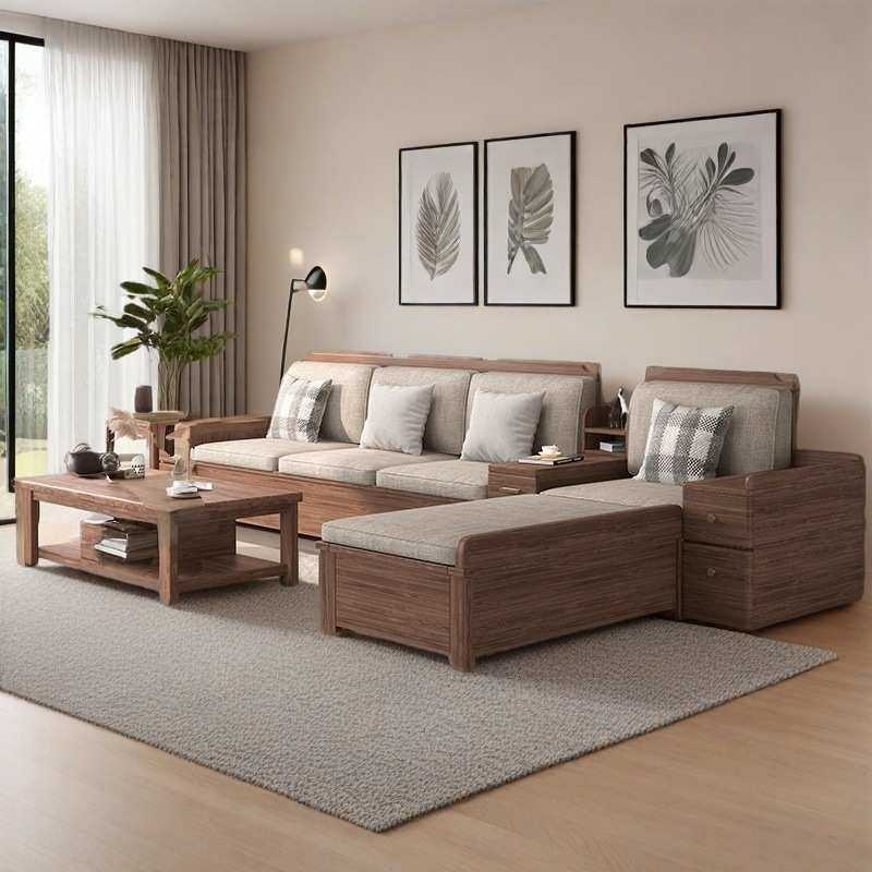 新中式实木沙发客厅北欧小户型现代简约黑胡桃木布艺储物直排沙发