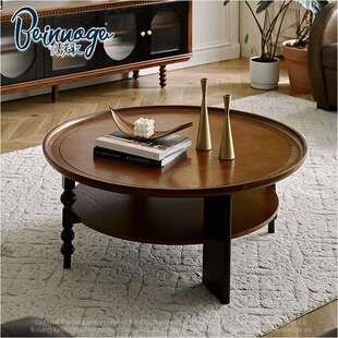 贝诺歌法式复古实木圆茶几客厅家用茶台可多功能小茶几美式茶桌