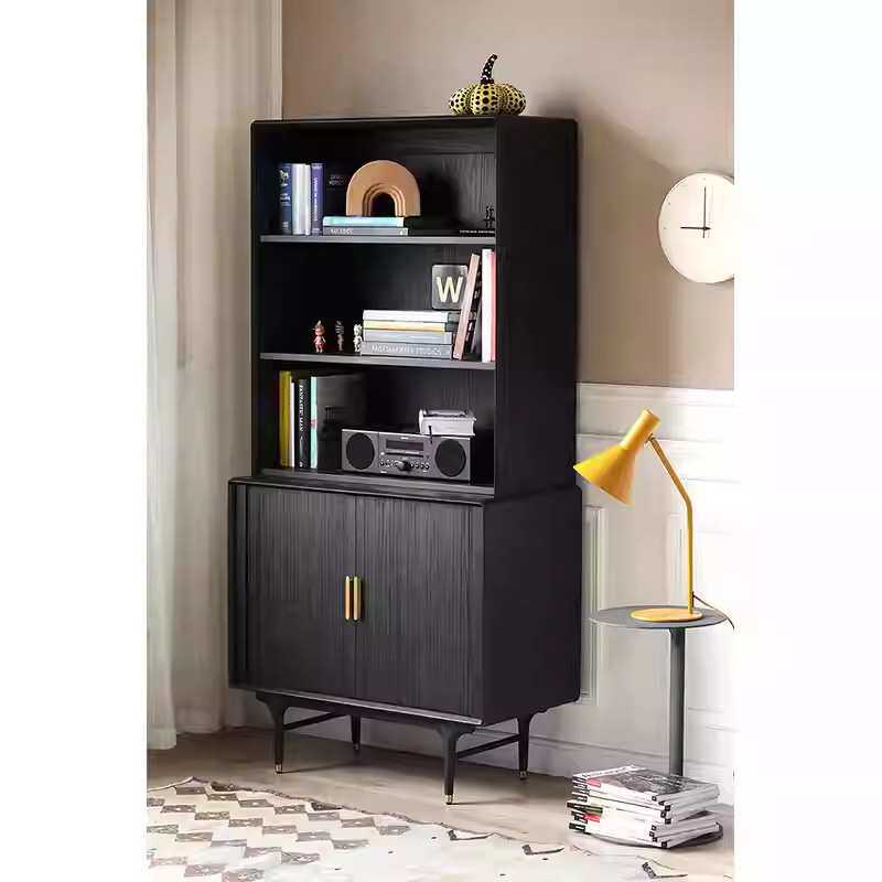 北欧中古工业风实木橡木风琴门黑色书柜展示柜开放式陈列架储物柜