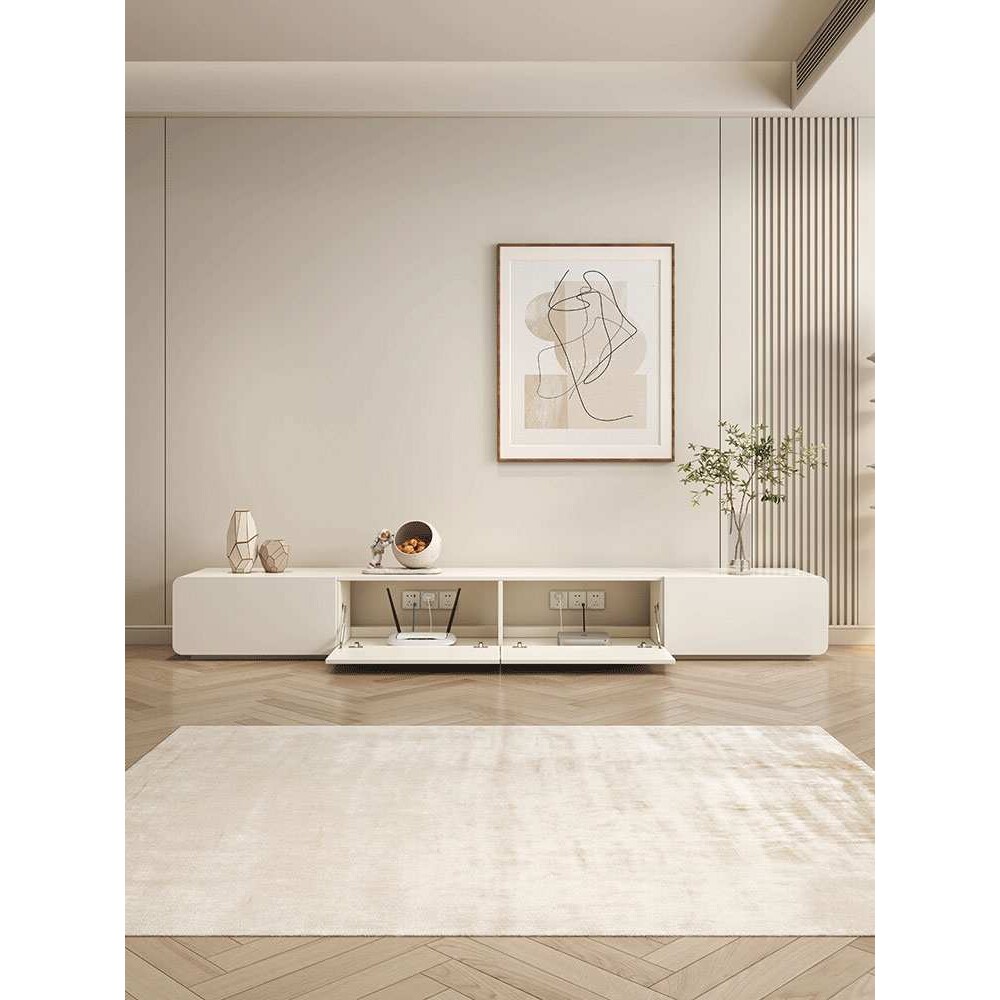 奶油风电视柜茶几组合现代简约实木圆角客厅家用白色落地电视柜