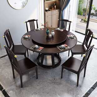 新中式岩板实木圆形餐桌椅组合带转盘简约家用酒店10人吃饭大圆桌