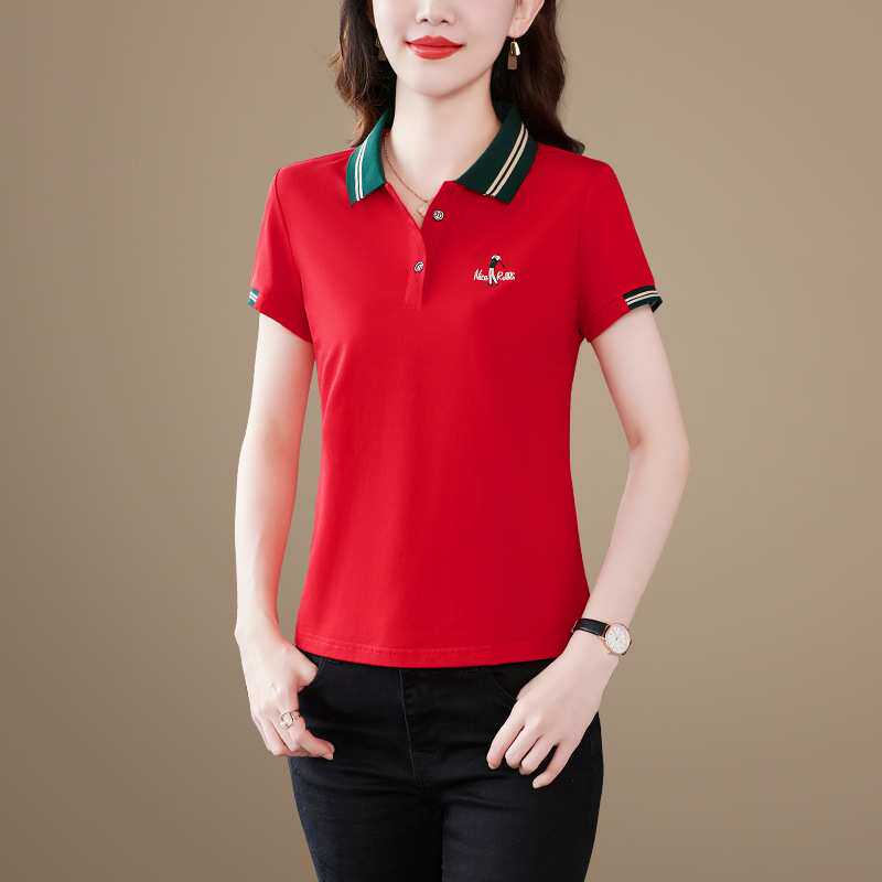 翻领短袖t恤女夏季2023新款薄夏季纯色宽松带领女士短款polo衫T