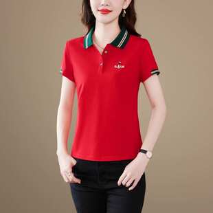 翻领短袖t恤女夏季2023新款薄夏季纯色宽松带领女士短款polo衫T