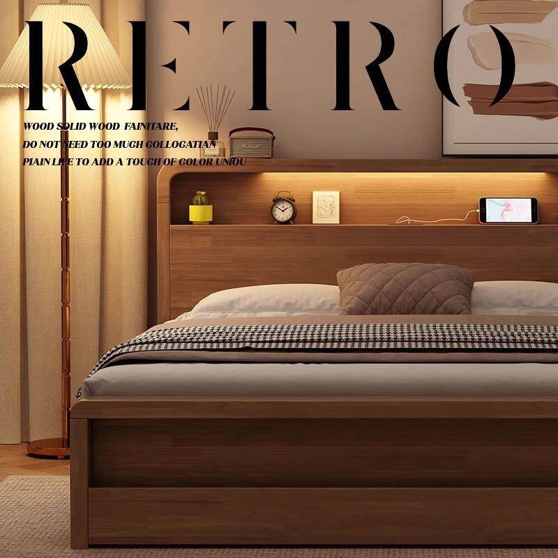 北欧实木床胡桃色现代简约气压储物收纳1.5m1.8米双人床主卧家