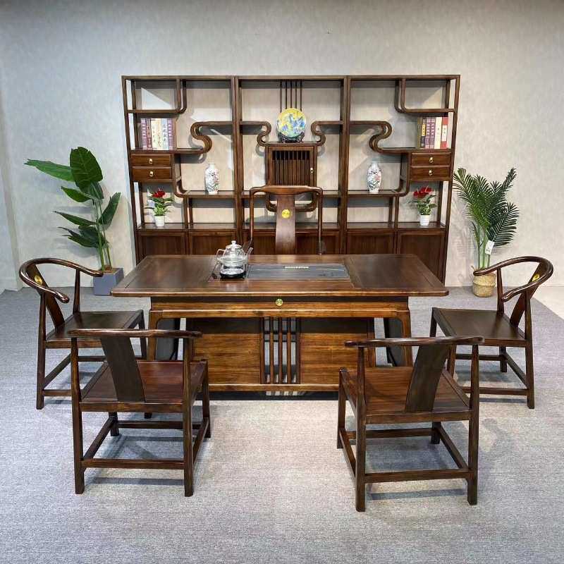 新中式乌金木茶桌老板办公桌高端茶桌一体两用实木茶几茶台一整套