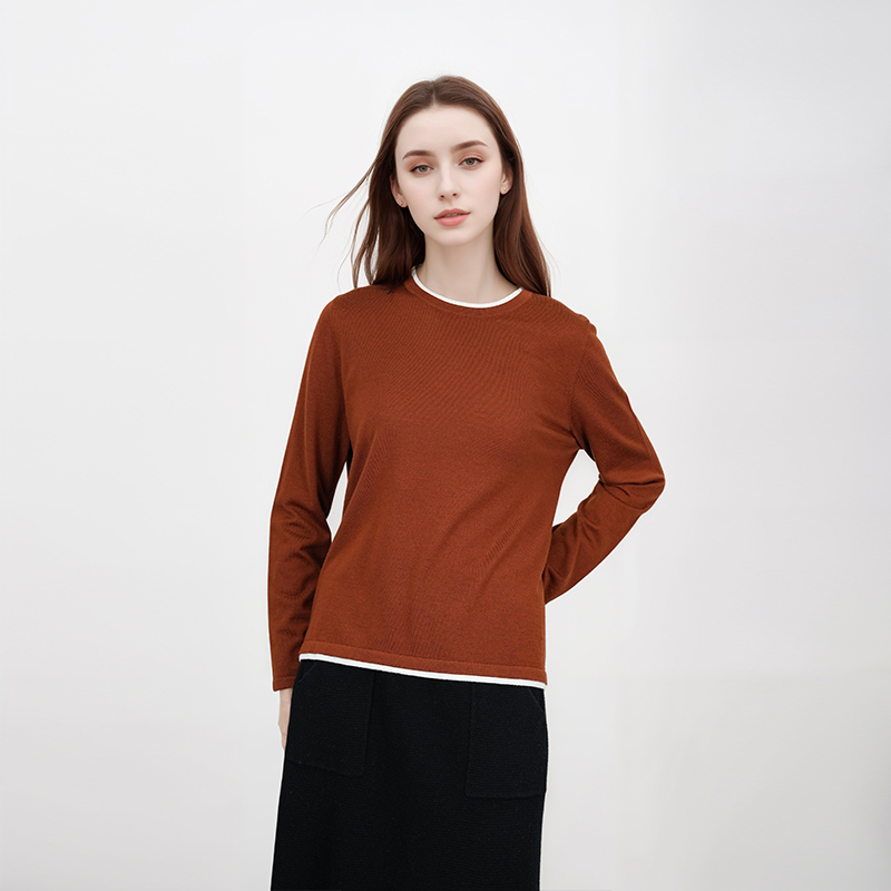 【一一专享】精纺可机洗圆领假两件绵羊毛针织衫TN5810