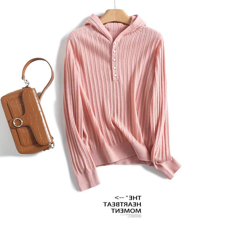 【一一专享】秋冬连帽羊毛衫女新款纽扣针织衫休闲毛衣TN1601