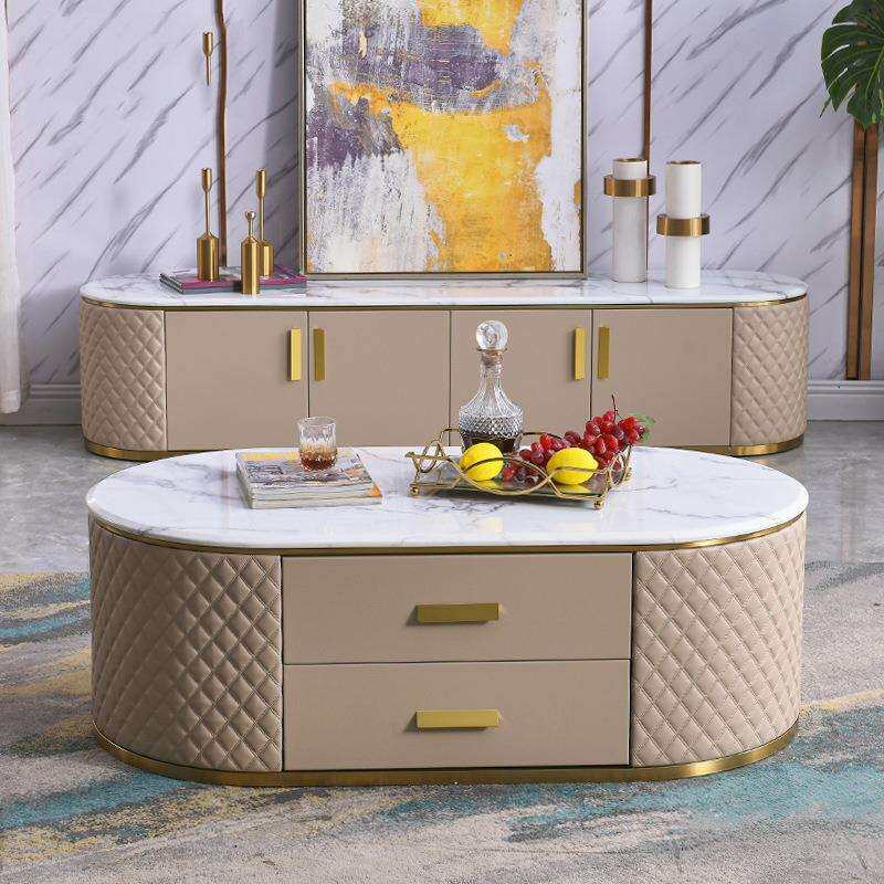 大理石茶几电视柜组合家用客厅小户型现代轻奢高端椭圆形储物茶桌
