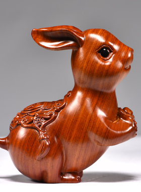 花梨木雕兔子摆件木兔十二生肖实木头兔工艺品家居客厅装饰品送礼