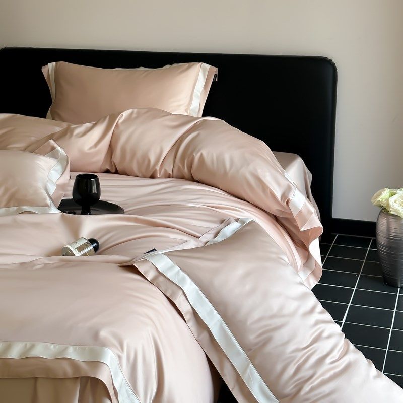 春夏天丝棉四件套100支冰丝四件套被套床单床笠简约粉色床上用品