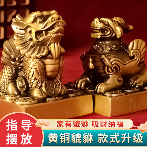 铜貔貅摆件招财一对公母纯黄铜貔皮丘貔犰家用客厅店铺开业礼品