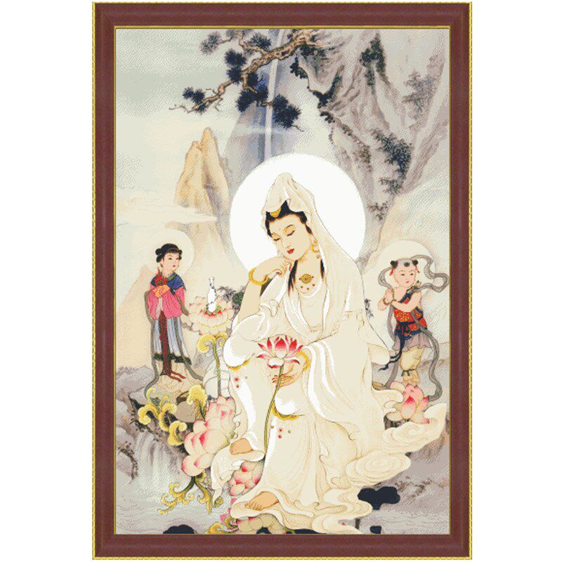精品新款白衣观音和童子十字绣套件精准印花简单易绣送绣图小工具