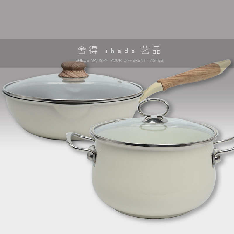 白色搪瓷锅具平底锅汤锅组合样板房间厨房橱柜软装饰品道具陈列品