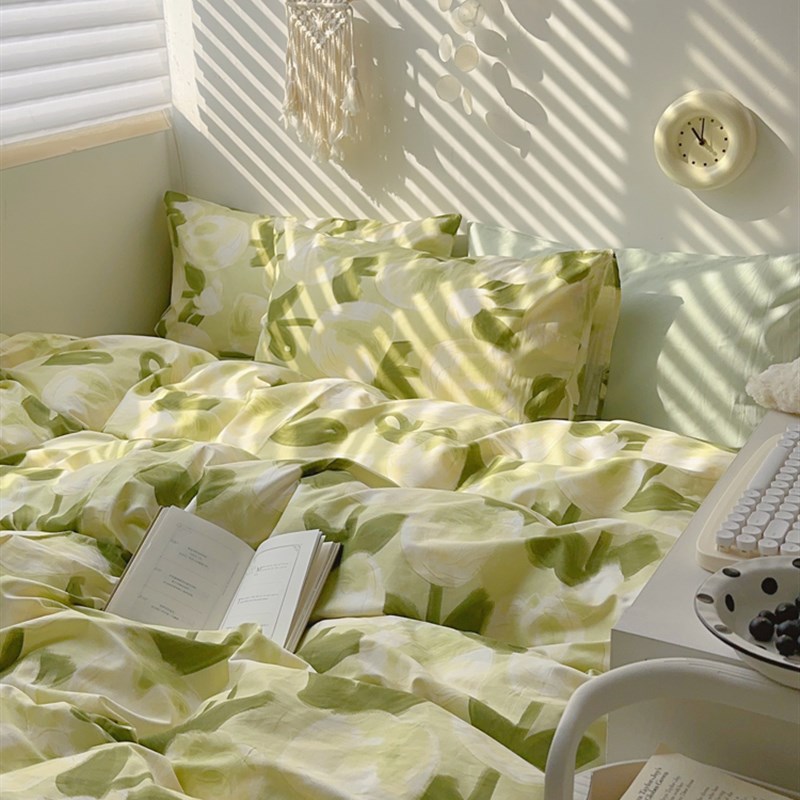 梨涡绿~春天的清新绿色精梳全棉斜纹四件套双人1.5米床床笠床品