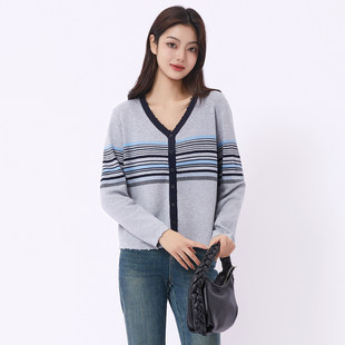 蜜澳毛衣2026春装撞色条纹针织开衫女长袖宽松显瘦百搭毛衣外套