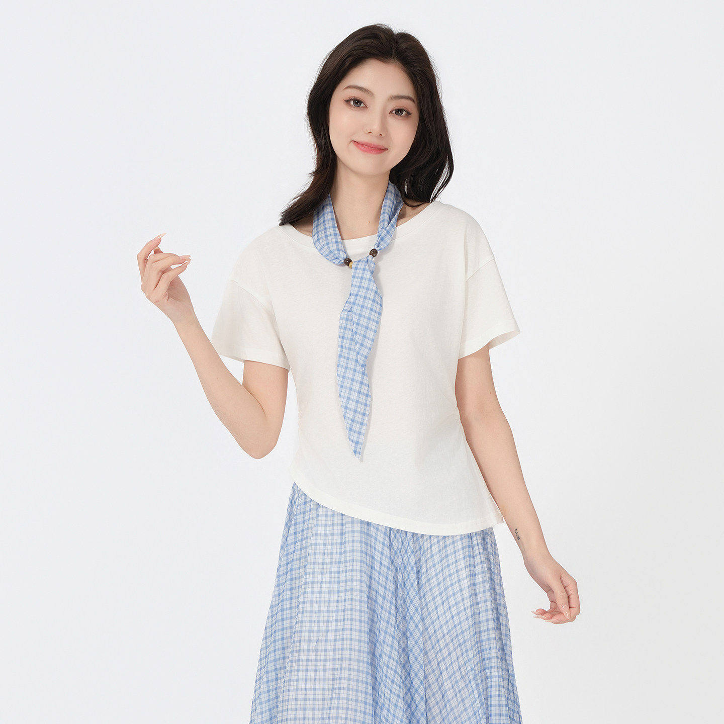 蜜澳2026夏季新款正肩短袖T恤女设计感格子领带小个子收腰上衣1