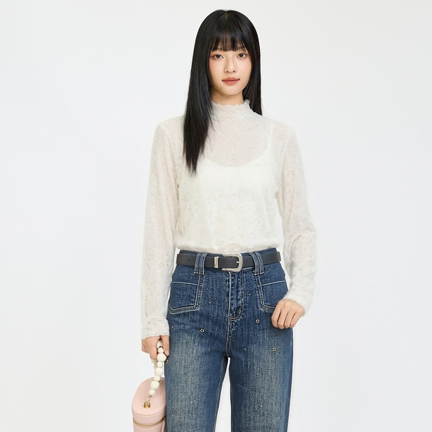 半高领蕾丝长袖T恤打底衫修身女