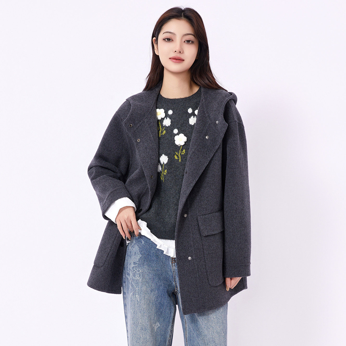 蜜澳2026春装新款毛呢大衣简约风高级感单排扣长袖毛呢外套女装