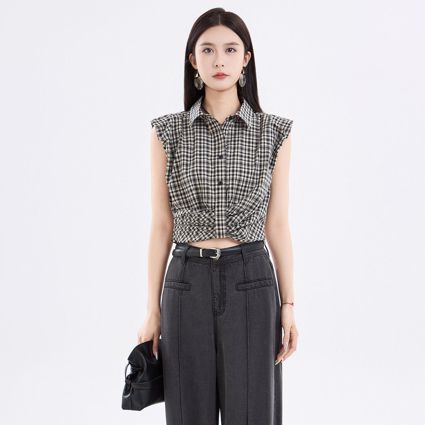 蜜澳衬衫女款2026新款时尚百搭复古无袖格子短款衬衣小衫上衣女