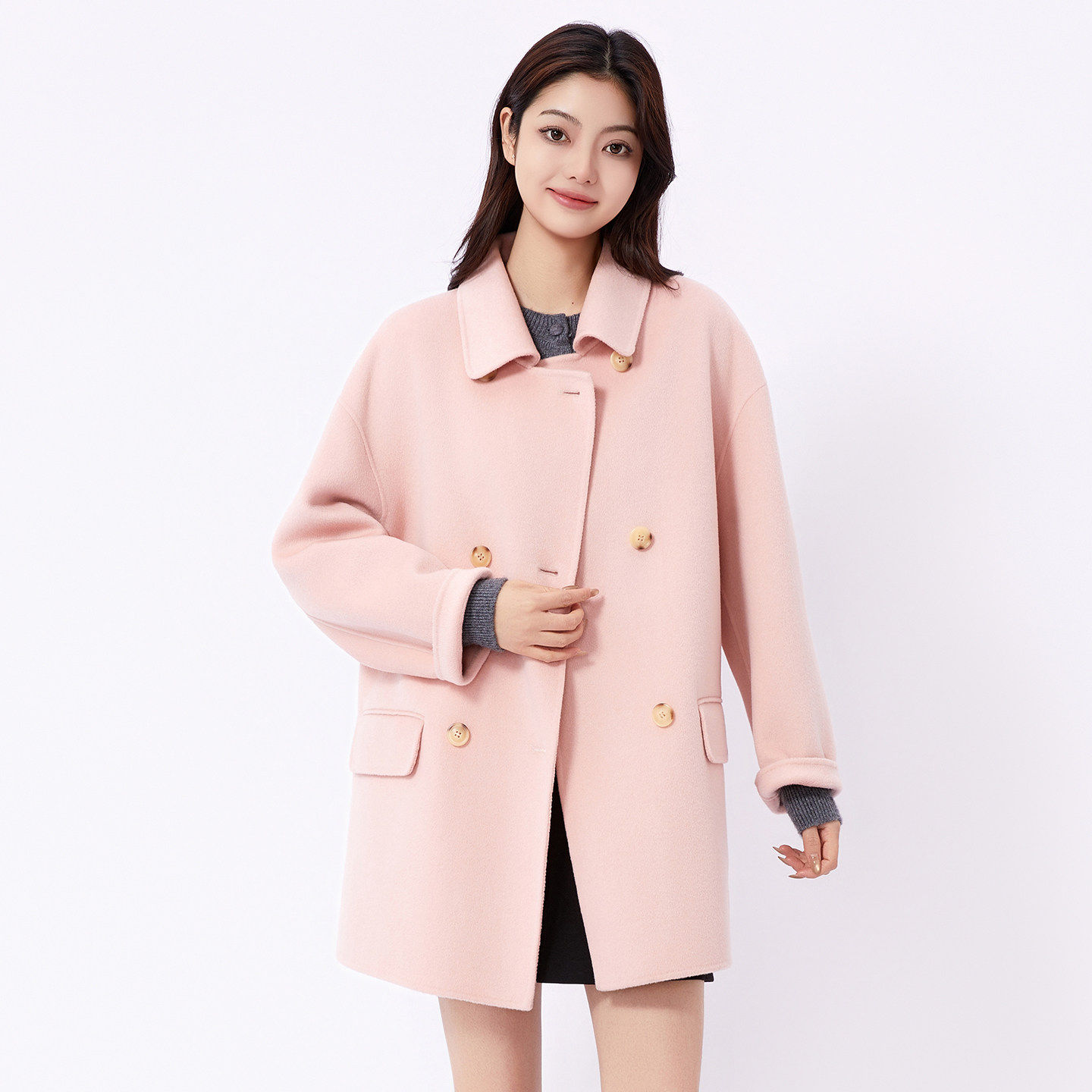 蜜澳2026春装新款双排扣长袖毛呢外套高级感翻领羊绒大衣女装