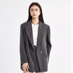 蜜澳2026春装新款休闲长袖条纹双排扣西装外套通勤风商务女装