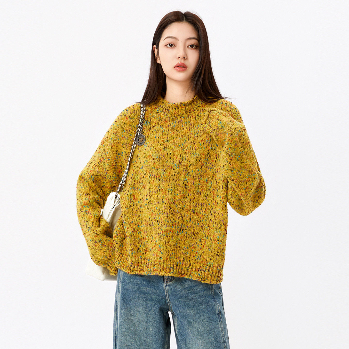 蜜澳毛衣2025冬季新款上衣套头圆领彩线宽松慵懒风针织羊毛衫女,女装/女士精品,毛衣,淘宝优惠券,粉丝福利购,淘宝优惠卷