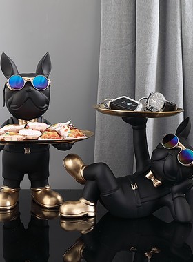 创意托盘法斗犬摆件客厅家u居装饰品玄关钥匙收纳桌面托盘乔迁礼