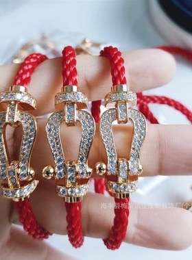 费家高版本彩色钻石马蹄扣女红绳手链情侣款轻奢男高级感百搭金色