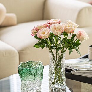花瓶摆件客厅插花高级感玻璃透明绿色创意水养水培鲜花玫瑰郁金香