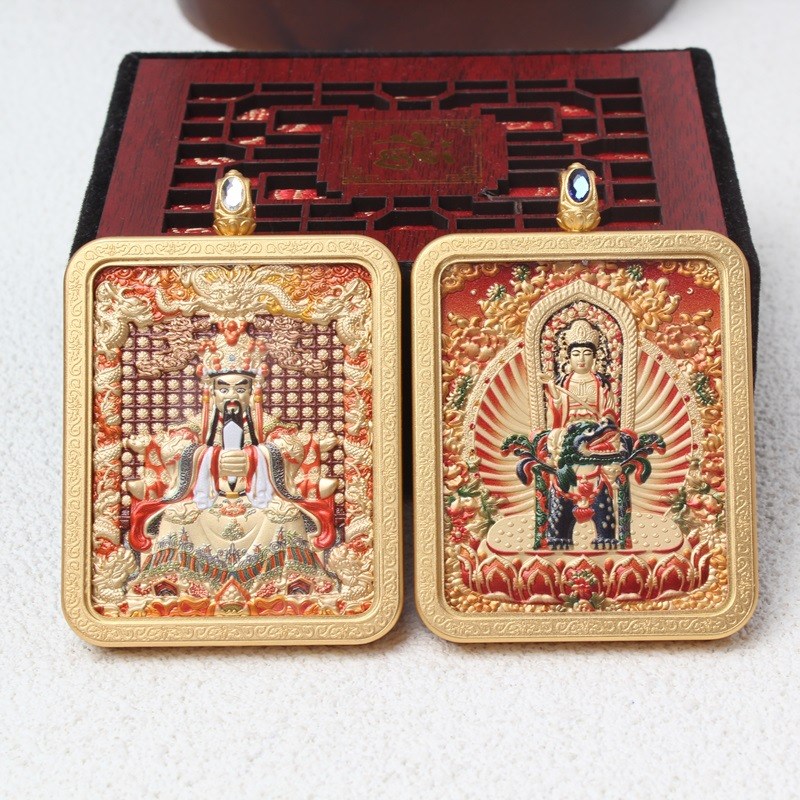 五台五爷浮雕立体唐卡本命守护神十二生肖双面立体文殊吊坠不褪色