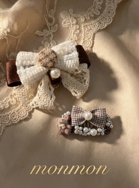 法式复古宠物发夹蕾丝蝴蝶结狗狗碎发夹咖色格纹猫咪珍珠发卡头饰