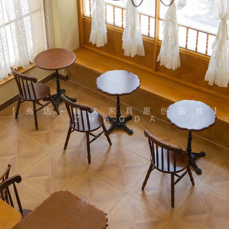 甜品店西餐厅桌子复古风实木方桌简约60CM圆桌轻奢咖啡店餐桌椅子