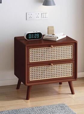 lw0藤编床头柜实木樱桃色胡桃色原木色北欧简约诧寂风迷你木制储