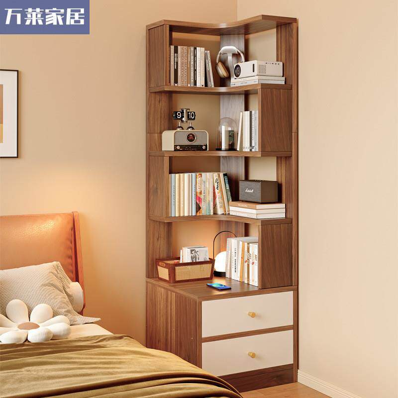 转角书架卧室落地多层置物架转角书柜靠墙带抽屉床头柜转角柜一体