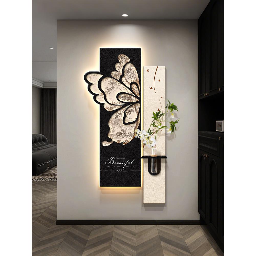 中古风玄关带灯装饰画2025新款走廊尽头挂画入户正对门高级感壁画