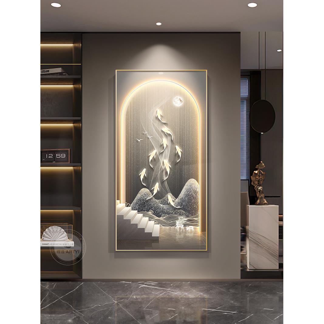 现代轻奢玄关装饰画九鱼图高级感走廊尽头挂画步步高升过道壁画